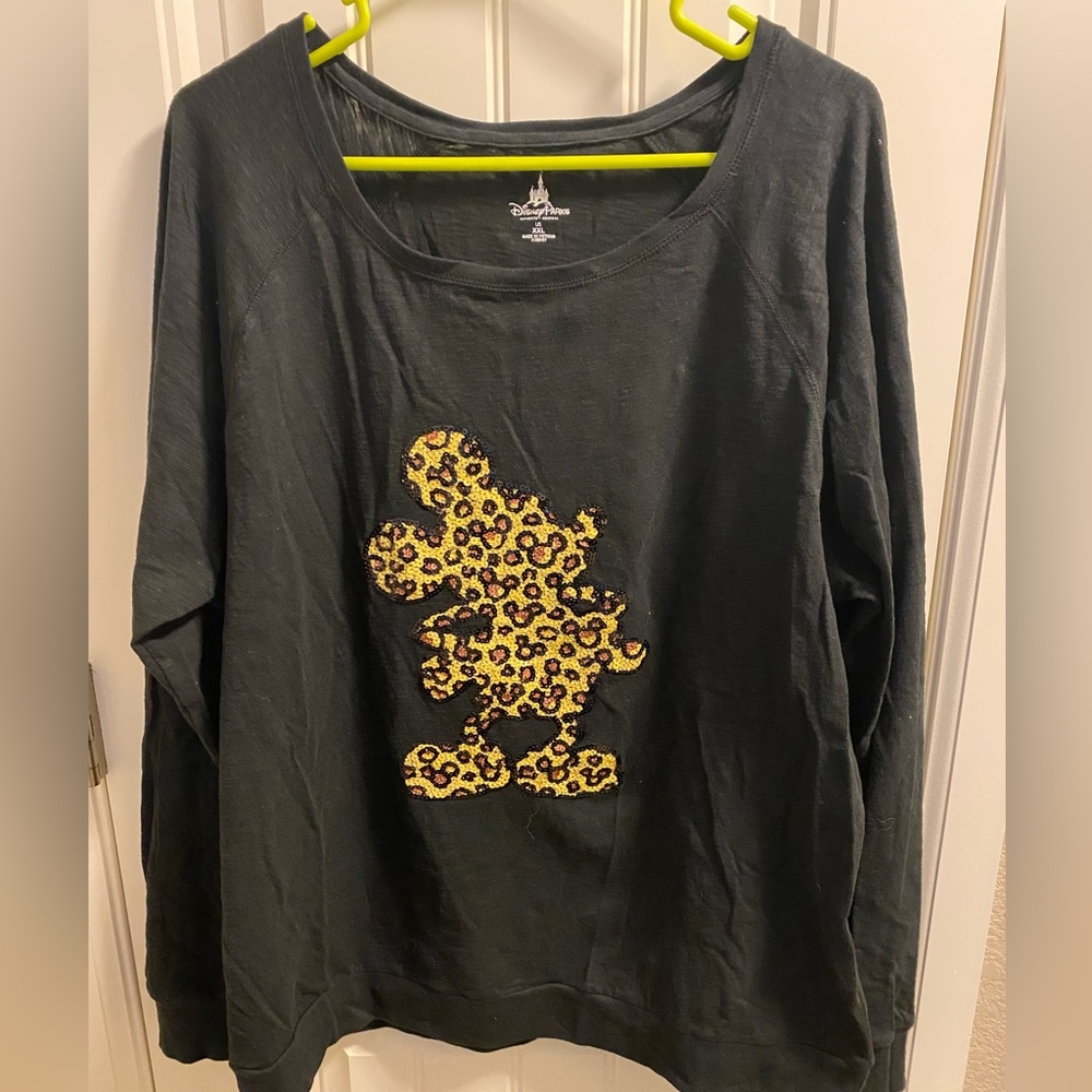 Disney Parks XXL Top Mickey Mouse Black Gray Leopard Sequin Blouse Shirt